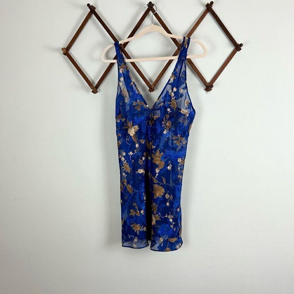 VINTAGE Floral Lace Nightie Blue Gold GUC P519 - Picture 1 of 4